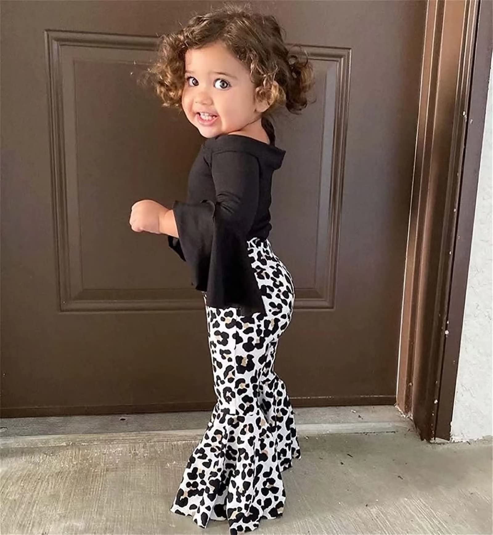 Little Toddler Baby Girl Bell-Bottom Pants Leggings Outfit Flared-Sleeve Top + Leopard Print Flared Trousers Suit