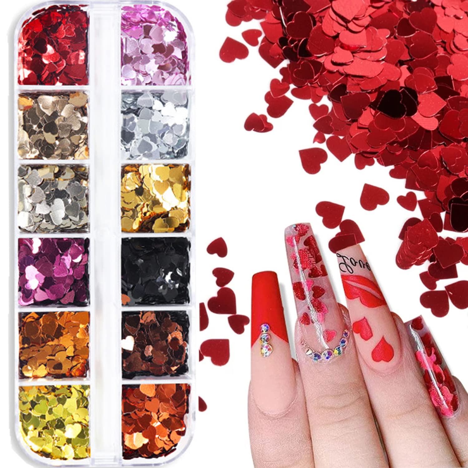 12 Grid 3D Love Heart Holographic Nail Art Sequins Valentine's Day Nail Supplies Valentine Heart Nail Glitters Sequins Heart Nail Acrylic Decorations DIY Nail Beauty Accessories for Women Girls