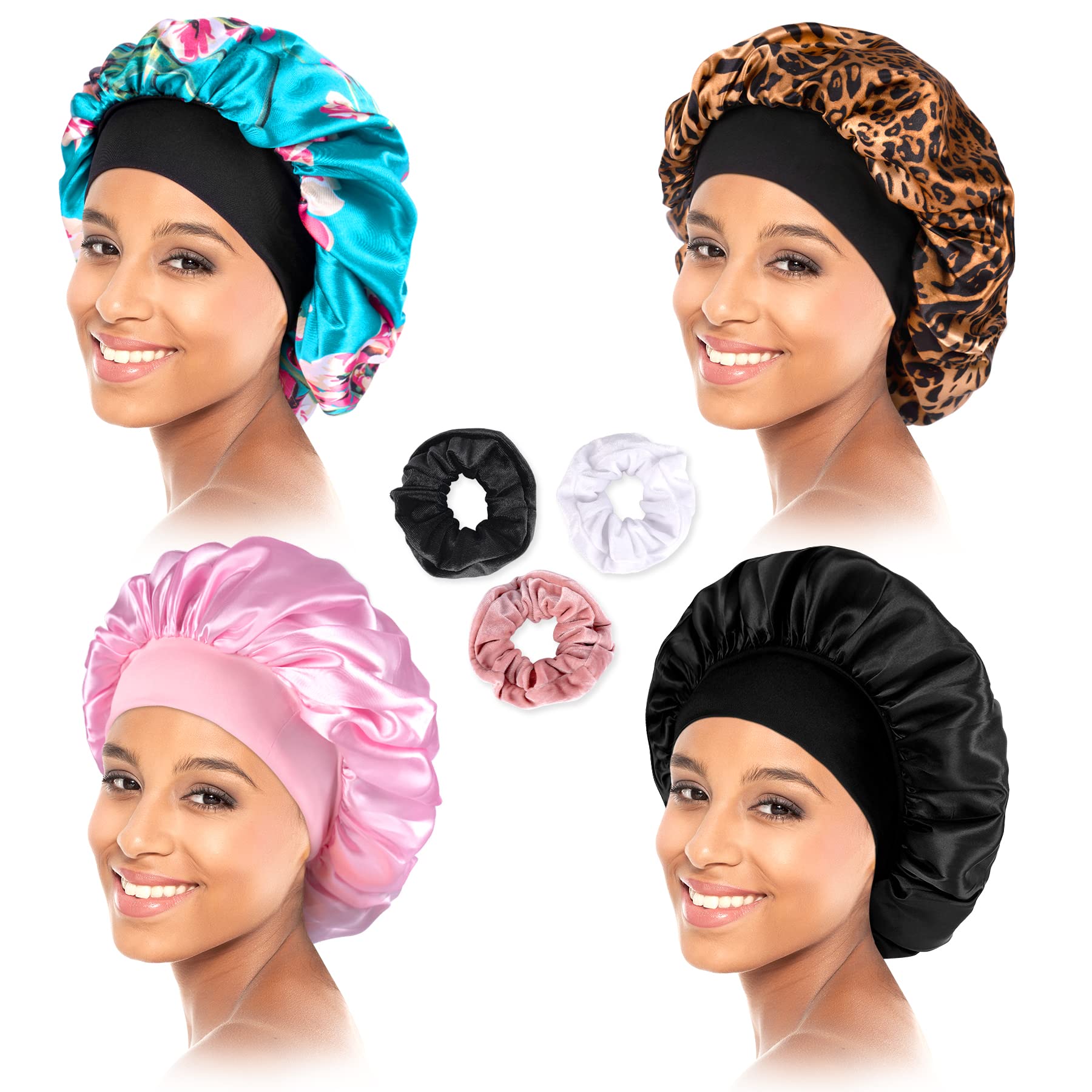 Silk Cap Satin Bonnet Hair Bonnet for Sleeps Satin Cap for Hair Bonnets for Women Hair Caps Silk Bonnet for Natural Hair (4 Pieces)