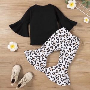 Little Toddler Baby Girl Bell-Bottom Pants Leggings Outfit Flared-Sleeve Top + Leopard Print Flared Trousers Suit