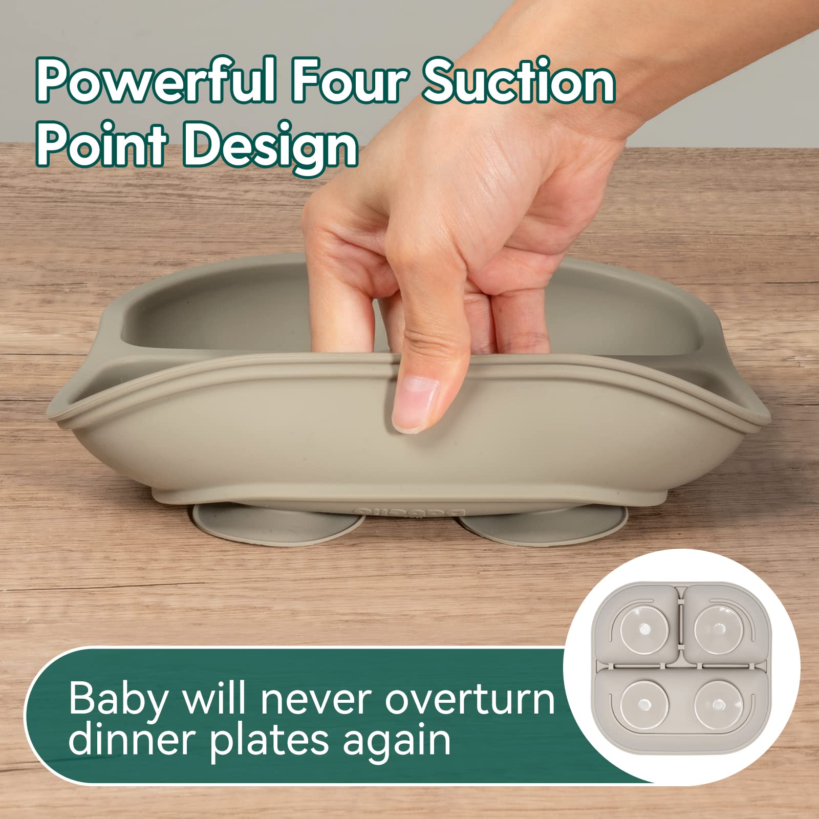 BABELIO Powerful Suction Plates for Baby and Toddler, 100% Food Grand Silicone Divided Baby Plates, BPA Free, Microwave & Dishwasher Safe, Stay Put with 4 Suction Cups, 3 Pack