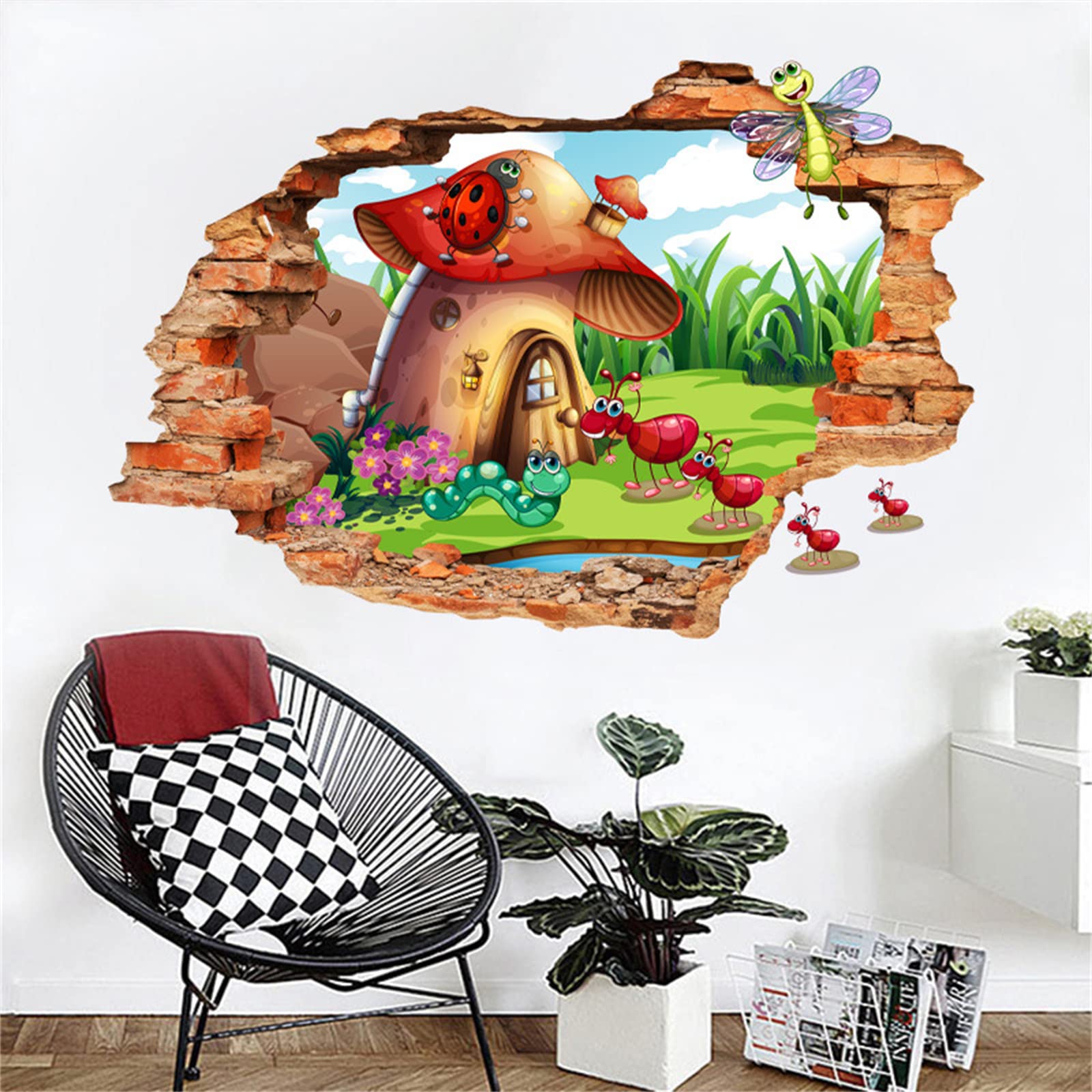 Mushroom Room Wall Sticker 3D Realistic Cartoon Ant Caterpillar Dragonfly Wall Sticker Peel and Stick Art Sticker Can Unleash Your Child's Imagination Suitable for Children's Room Nursery Bedroom