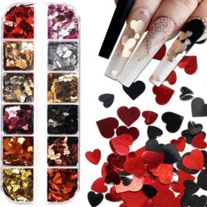 12 Grid 3D Love Heart Holographic Nail Art Sequins Valentine's Day Nail Supplies Valentine Heart Nail Glitters Sequins Heart Nail Acrylic Decorations DIY Nail Beauty Accessories for Women Girls