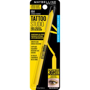 MAYBELLINE New York Tattoo Studio Long-Lasting Sharpenable Eyeliner Pencil, Glide on Smooth Gel Pigments with 36 Hour Wear, Waterproof Citrus Charge 0.04 oz