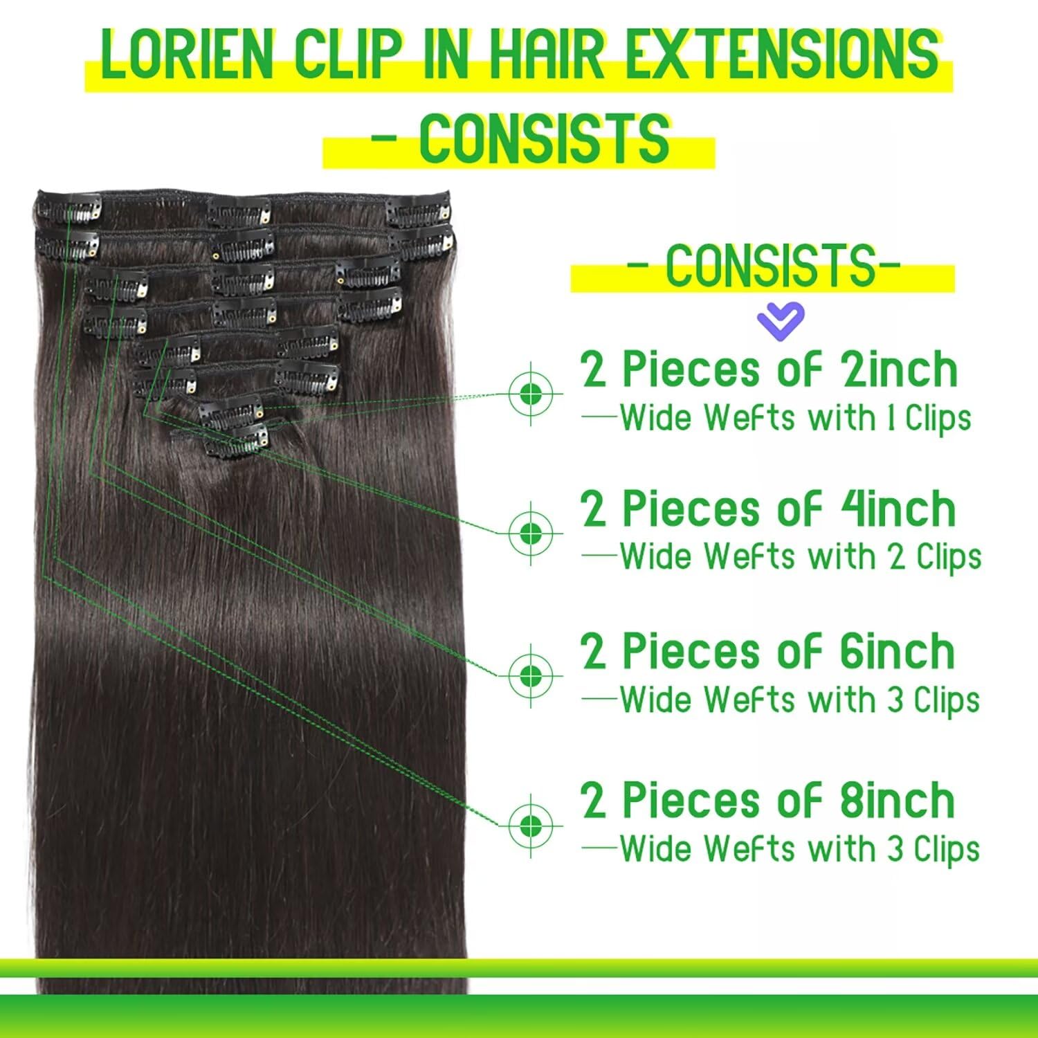 LORIEN Clip in Hair Extensions Real Human Hair, 16 Inch 90g, 1B Natural Black, Clip in 100% Brazilian Remy Human Hair Extensions 8pcs Per Set with 18 Clips Double Weft