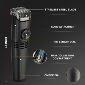 Bell+Howell Vacutrim Deluxe Cordless Mens Beard Trimmer, Rechargeable Electric Shaver with 20 Trim Setting and Built-in Vacuum for Mustache, Sideburns. Facial Hair, Black, 7.5", As Seen On TV