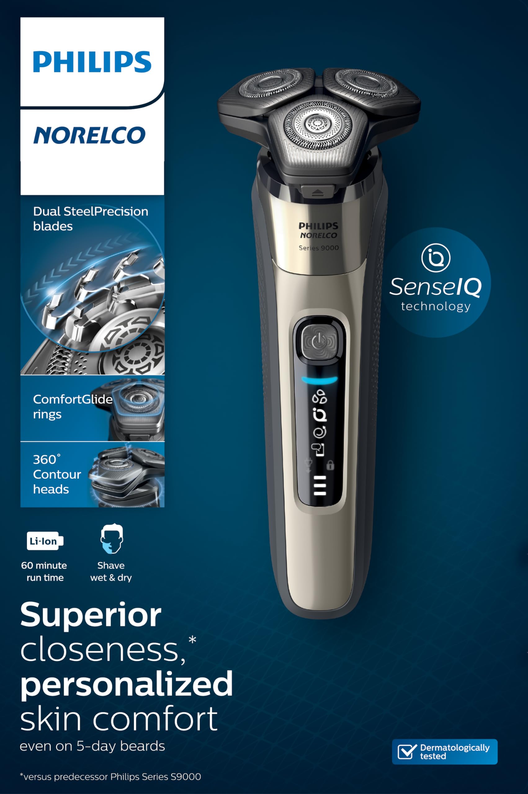 Philips Norelco 9400 Rechargeable Wet/Dry Electric Shaver with SenseIQ and Comfort Glide Ring Technology, Silver, S9502/83