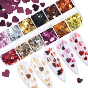 12 Grid 3D Love Heart Holographic Nail Art Sequins Valentine's Day Nail Supplies Valentine Heart Nail Glitters Sequins Heart Nail Acrylic Decorations DIY Nail Beauty Accessories for Women Girls