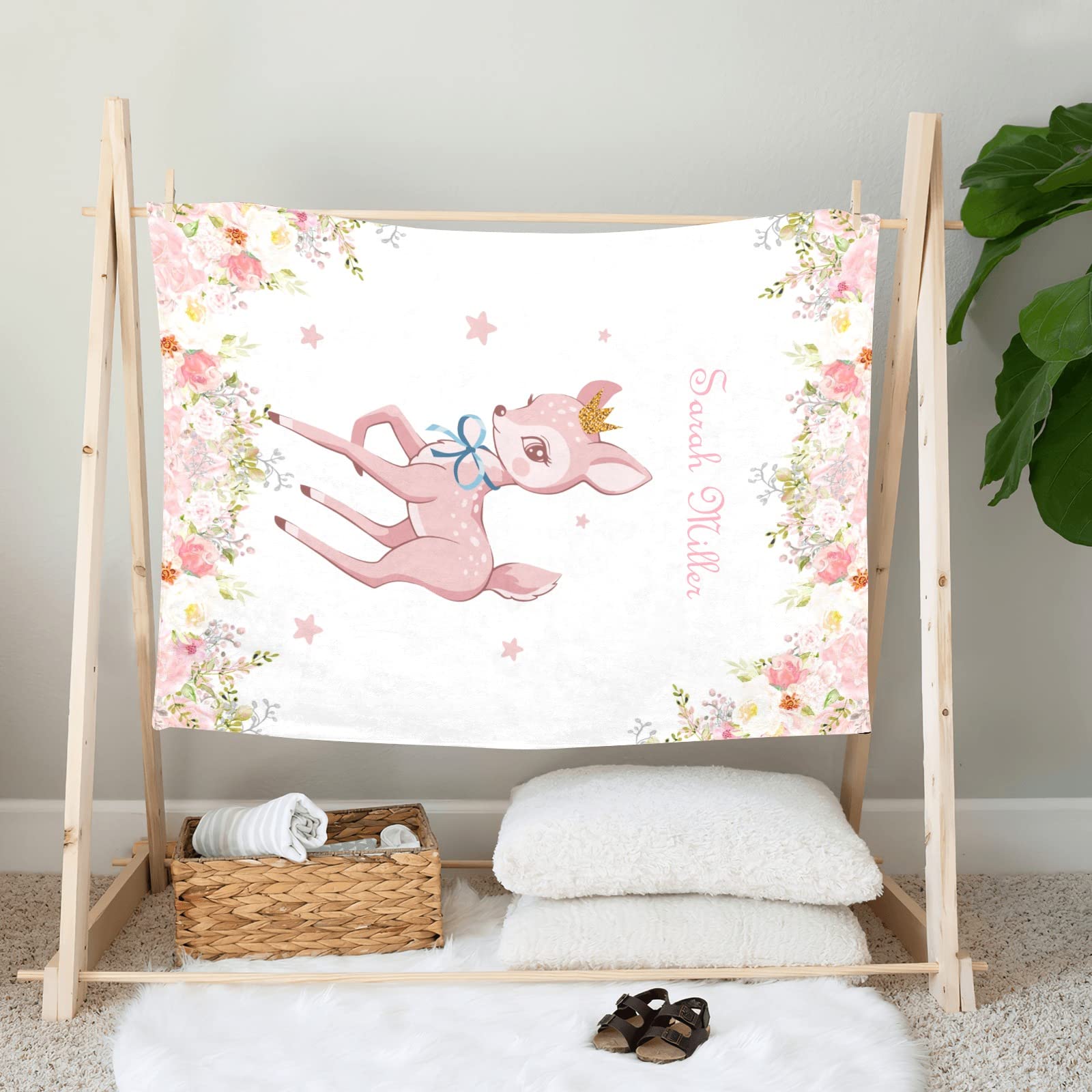 Pink Bambi Deer Floral Personalized Baby Blanket for Boys Girls Custom Naps Swaddle Blanket Shower Soft Newborn 30X40 in