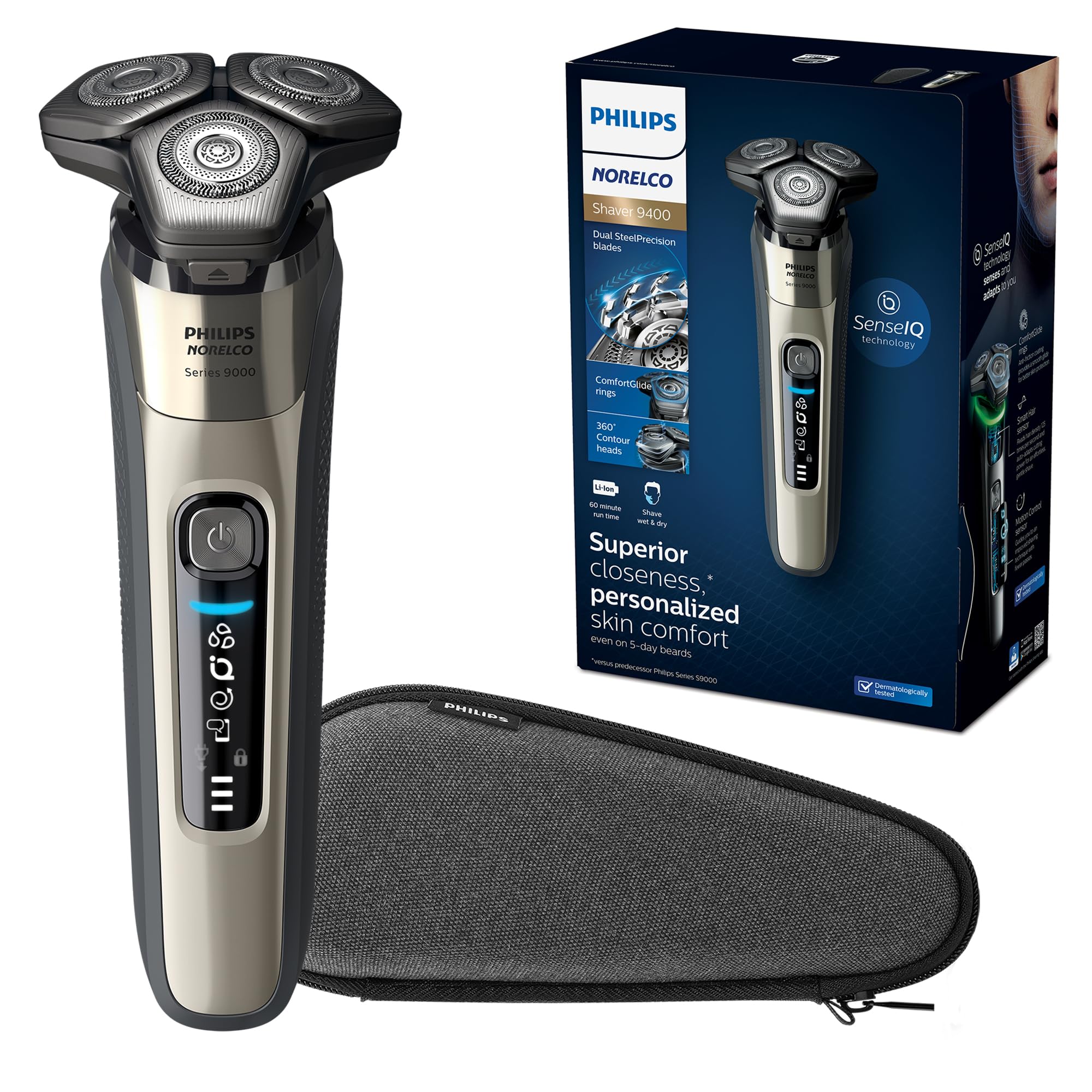 Philips Norelco 9400 Rechargeable Wet/Dry Electric Shaver with SenseIQ and Comfort Glide Ring Technology, Silver, S9502/83