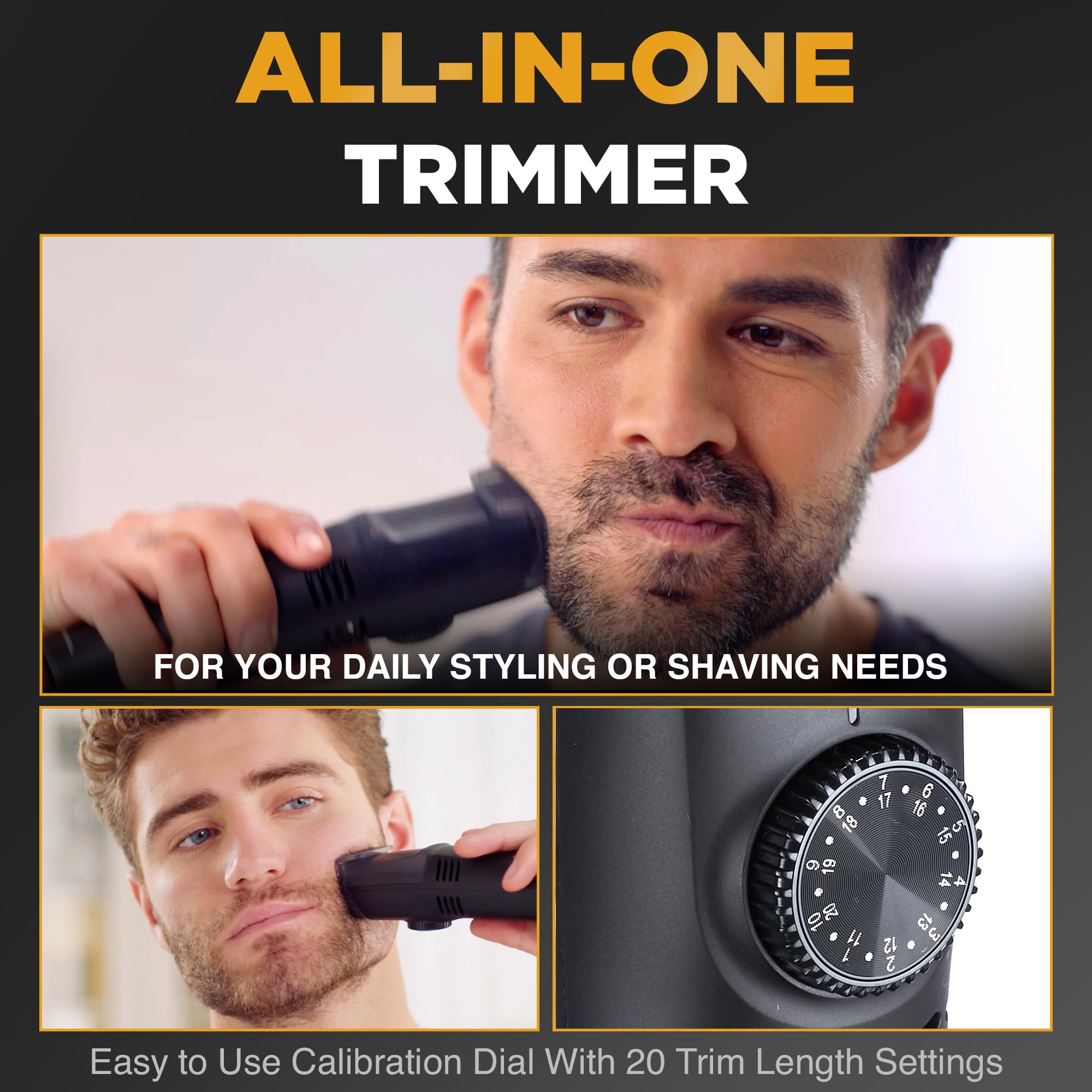 Bell+Howell Vacutrim Deluxe Cordless Mens Beard Trimmer, Rechargeable Electric Shaver with 20 Trim Setting and Built-in Vacuum for Mustache, Sideburns. Facial Hair, Black, 7.5", As Seen On TV