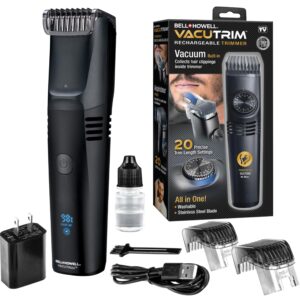 Bell+Howell Vacutrim Deluxe Cordless Mens Beard Trimmer, Rechargeable Electric Shaver with 20 Trim Setting and Built-in Vacuum for Mustache, Sideburns. Facial Hair, Black, 7.5", As Seen On TV