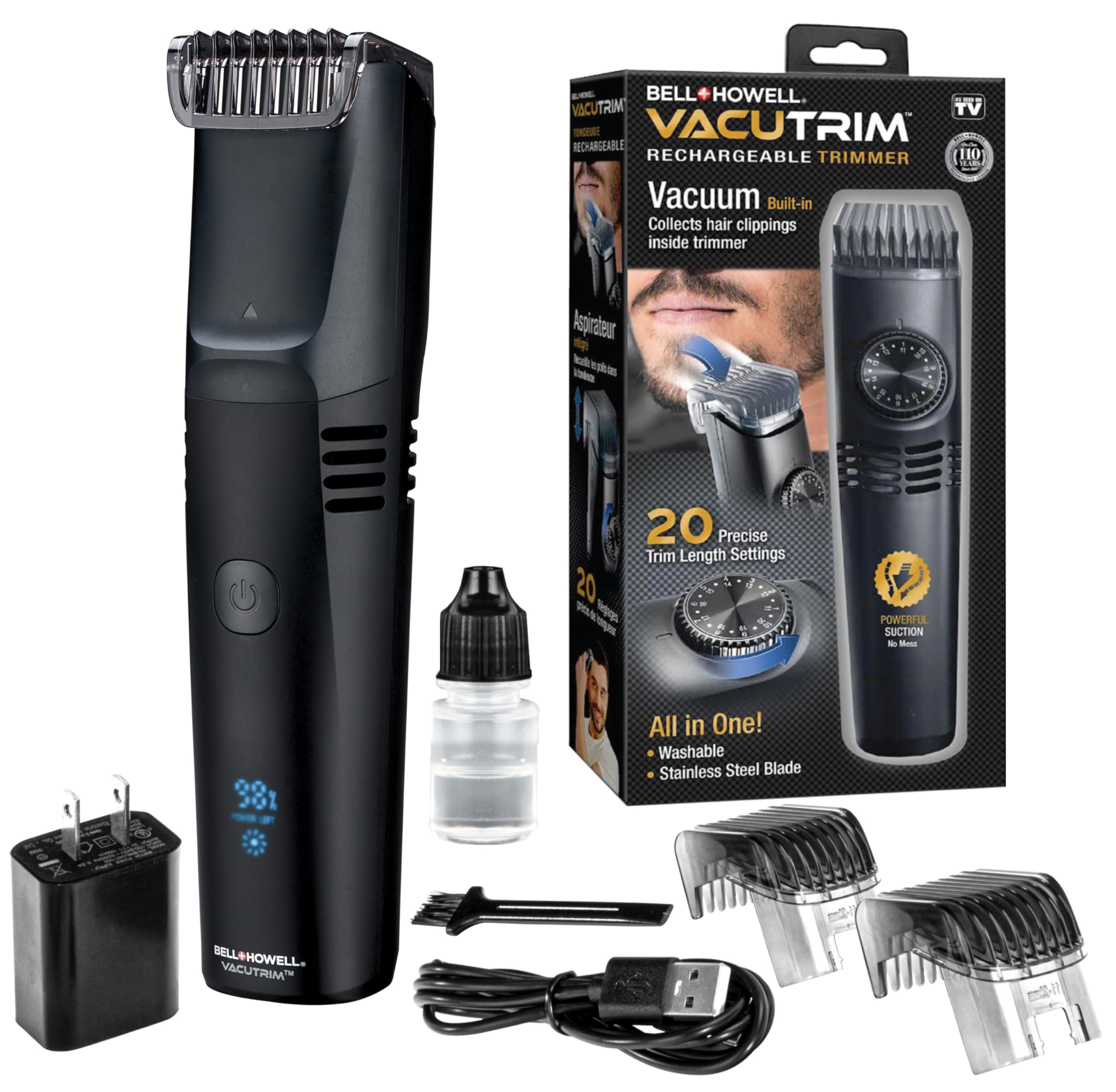 Bell+Howell Vacutrim Deluxe Cordless Mens Beard Trimmer, Rechargeable Electric Shaver with 20 Trim Setting and Built-in Vacuum for Mustache, Sideburns. Facial Hair, Black, 7.5", As Seen On TV