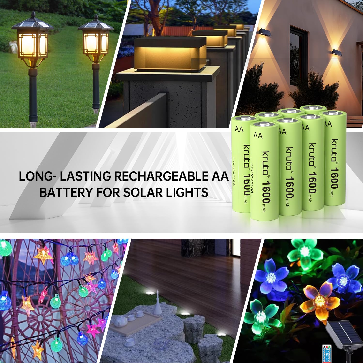 Kruta Ni-MH AA Rechargeable Batteries, Double A 1600mAh High Capacity 1.2V Pre-Charged for Garden Landscaping Outdoor Solar Lights, String Lights, Pathway Lights (AA-1600mAh-12 Pack)