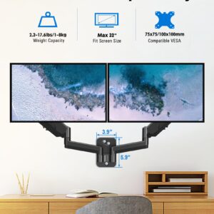 MOUNTUP Dual Monitor Wall Mount for 2 Max 32 Inch Computer Screen, Fully Adjustable Gas Spring Double Monitor Arm, Wall Mounted Monitor Holder Support 2.2-17.6lbs Display, VESA Bracket 75x75, 100x100