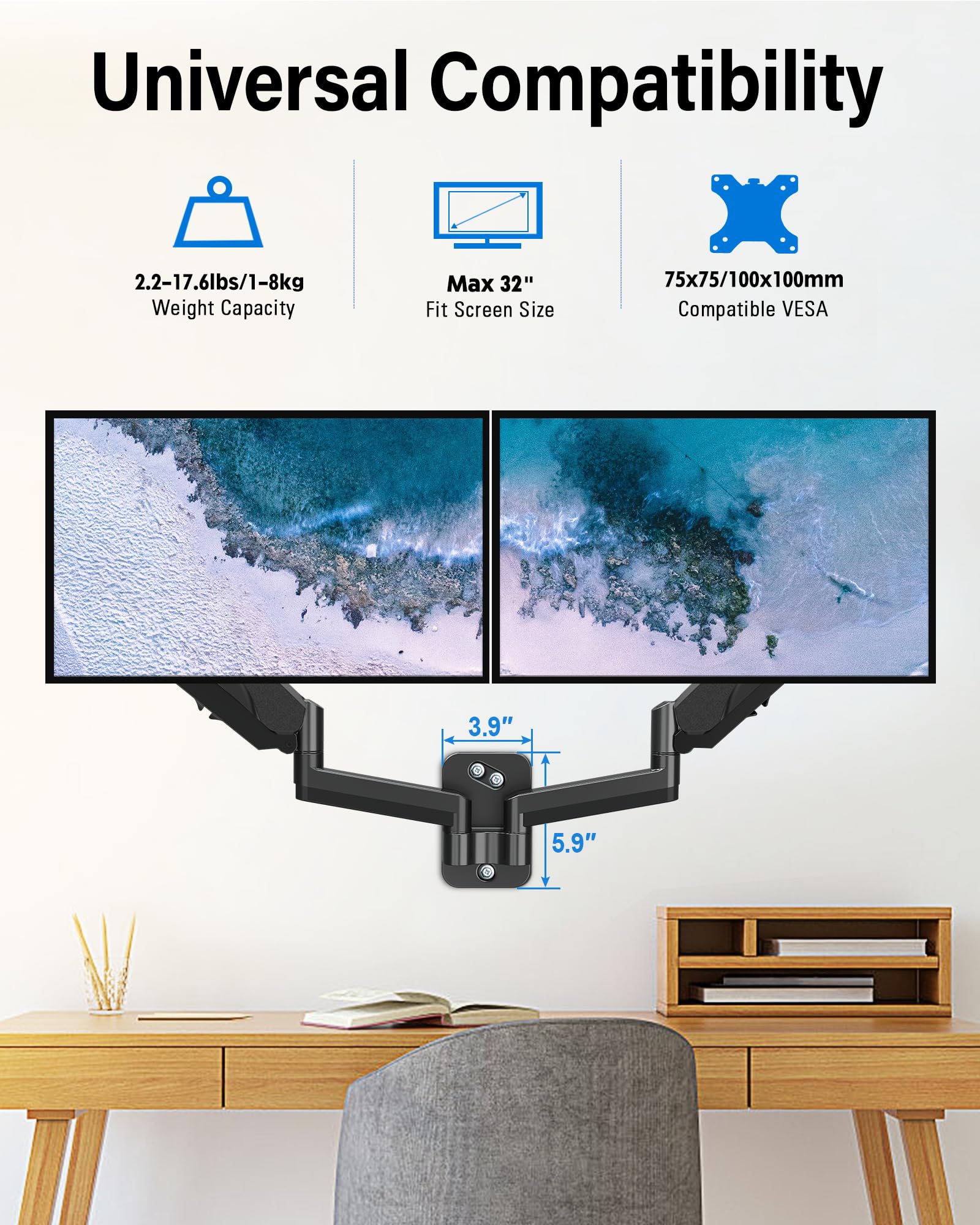 MOUNTUP Dual Monitor Wall Mount for 2 Max 32 Inch Computer Screen, Fully Adjustable Gas Spring Double Monitor Arm, Wall Mounted Monitor Holder Support 2.2-17.6lbs Display, VESA Bracket 75x75, 100x100