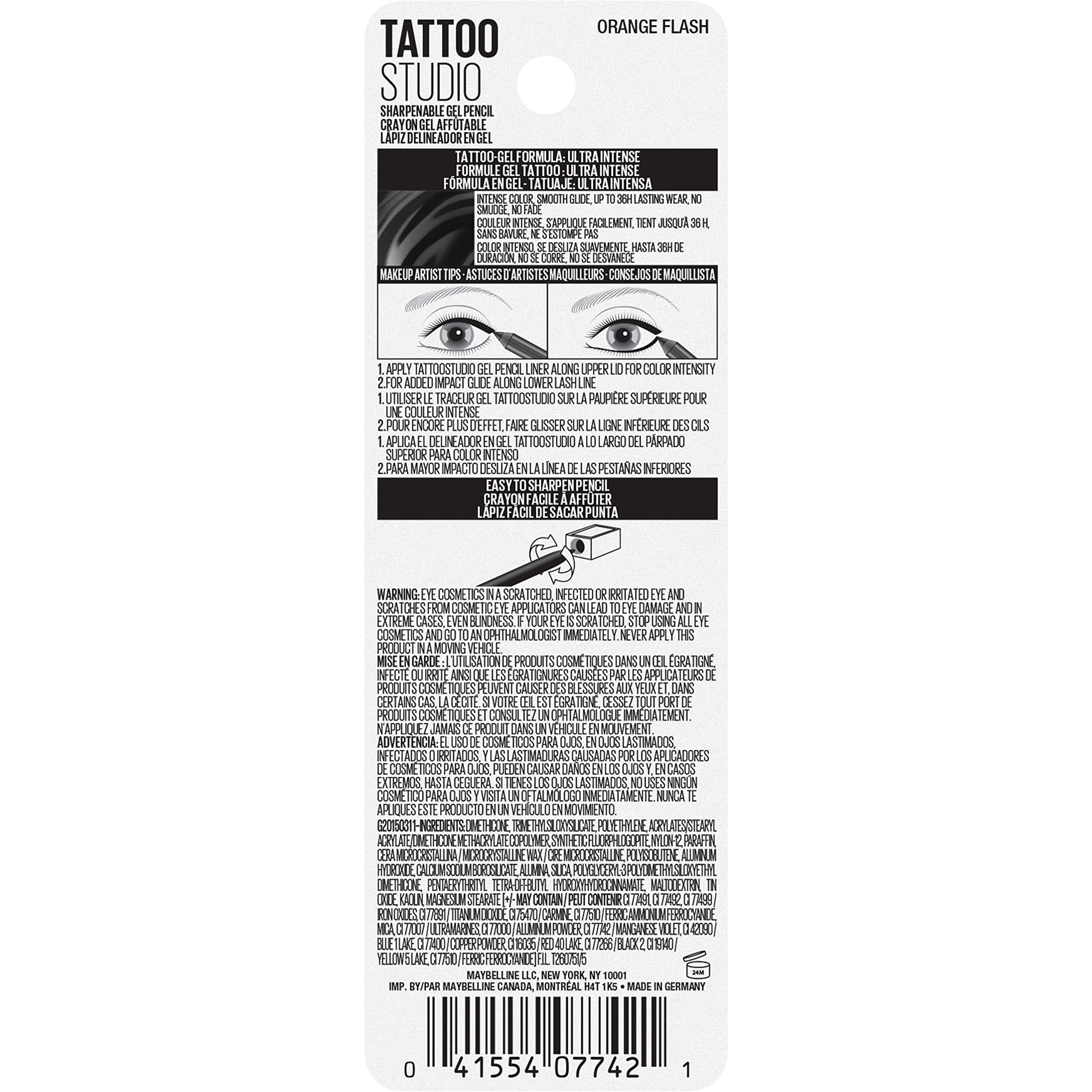 MAYBELLINE New York Tattoo Studio Long-Lasting Sharpenable Eyeliner Pencil, Glide on Smooth Gel Pigments with 36 Hour Wear, Waterproof Orange Flash 0.04 oz