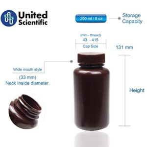 United Scientific Supplies 33464 | Laboratory Grade HDPE Wide Mouth Amber Reagent Bottle | Designed for Laboratories, Classrooms, or Storage at Home | 250ml (8oz) Capacity | Pack of 12