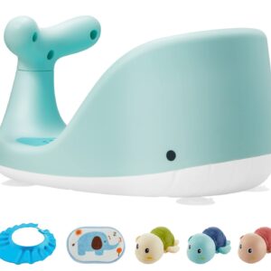 Whale Shape Baby Bath Seat – 3 Bath Toys + Bath Brush + Shower Cap – Ergonomic Backrest – Elastic and Breathable – 4 Strong Non-Slip Suction Cups – Ideal Gift! (Green)