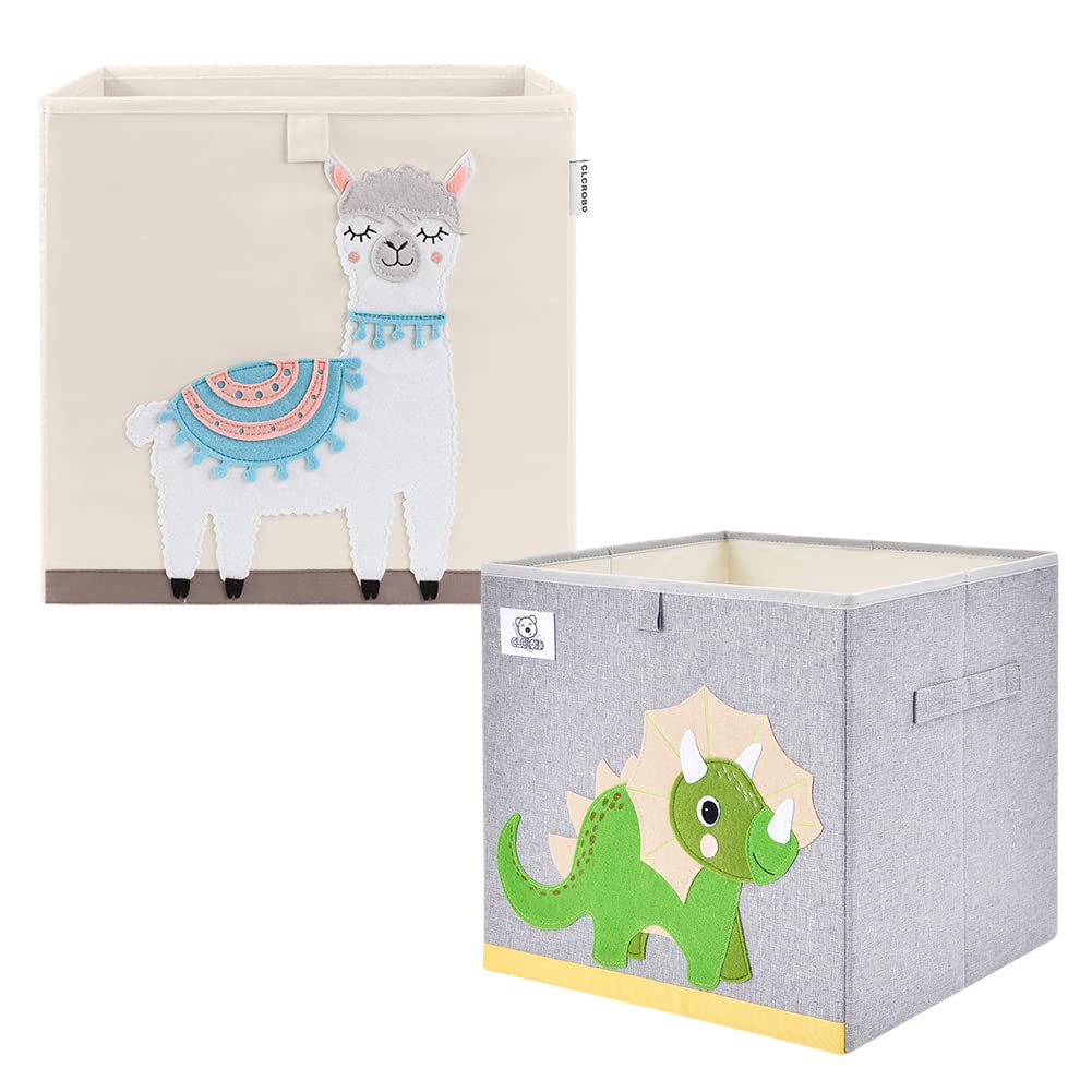 CLCROBD Foldable Animal Cube Storage Bins Fabric Toy Box/Chest/Organizer for Kids Nursery, 13 inch (Llama + Triceratops)