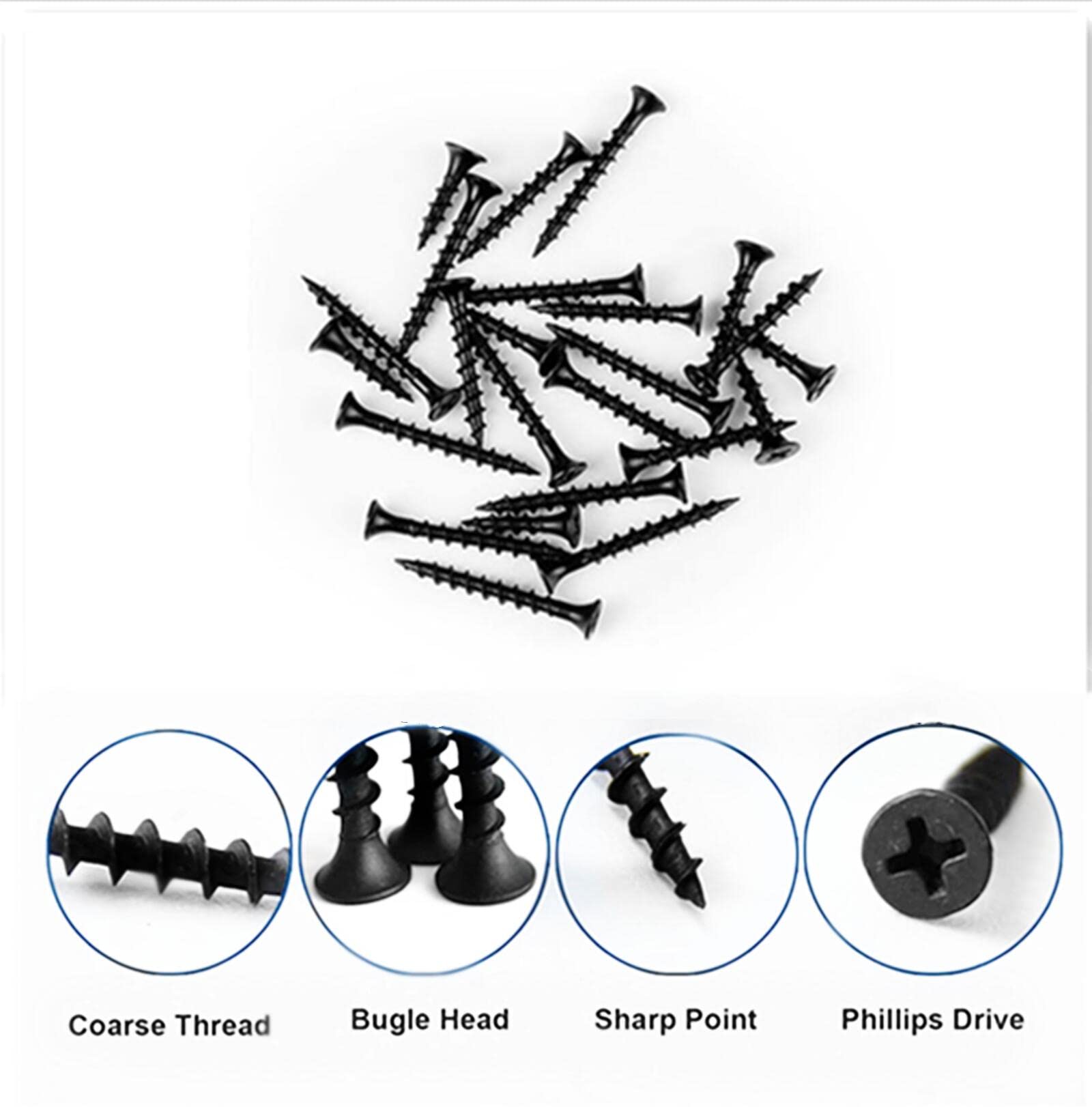 zcfochi Screws #6 x 1-1/4" Drywall Screws 260PCS Coarse Thread Sheetrock Wood Screws with Phillips Drive,1 LBS Flat Truss Head Self Tapping Screws Black Phosphate Coated Stainless Fast Self Tapping