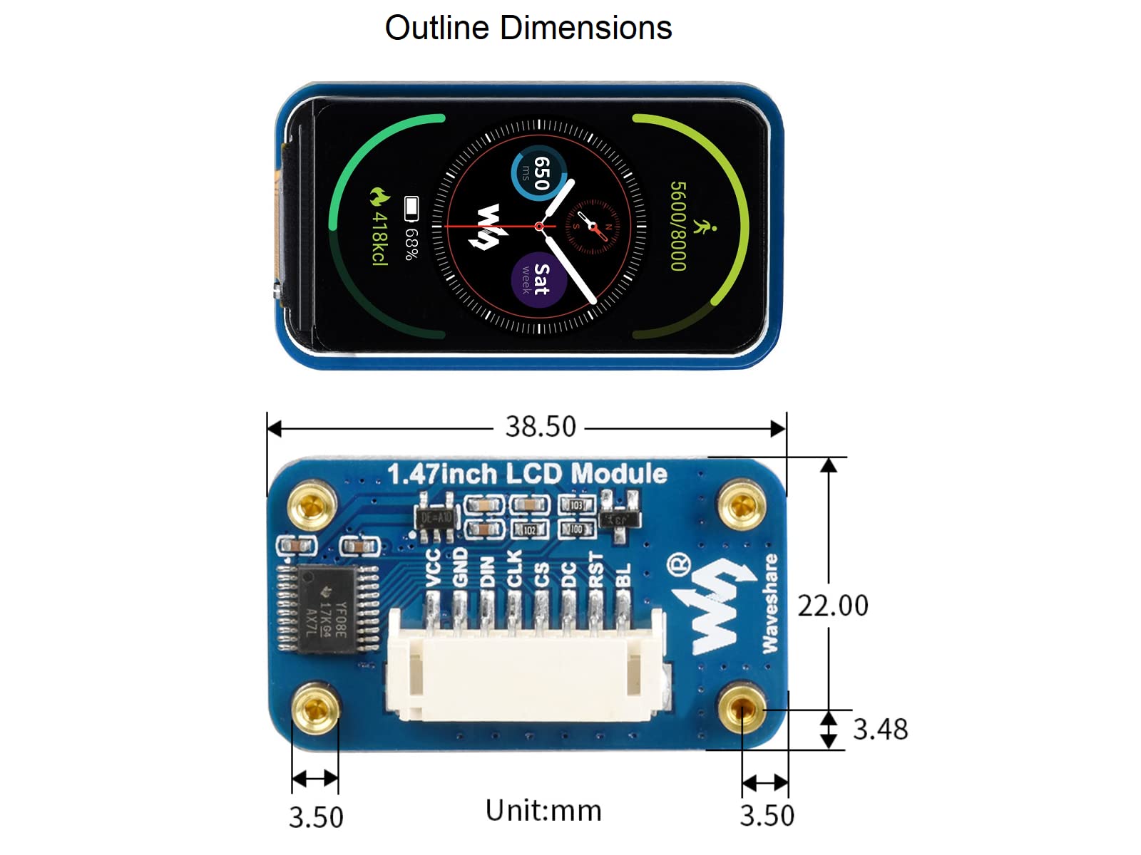 waveshare 1.47inch LCD Module 172×320 Resolution 262K RGB Colors IPS Display for Raspberry Pi, Arduino, STM32,Embedded ST7789V3 Driver,SPI Interface