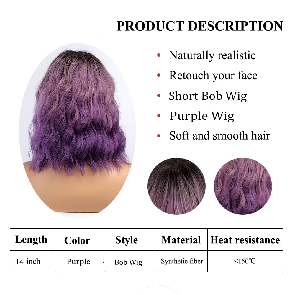 Haoland Purple Wig With Bangs for Women 14” Short Bob Wavy Wig Heat Resistant Colored Wigs Synthetic Wig for Daily Party Use Cosplay (Purple)