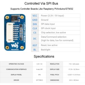 waveshare 1.47inch LCD Module 172×320 Resolution 262K RGB Colors IPS Display for Raspberry Pi, Arduino, STM32,Embedded ST7789V3 Driver,SPI Interface