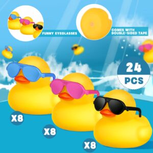 24 Pcs Mini Rubber Ducks with Sunglasses, Rubber Ducks in Bulk Valentine Duck Bathtub Toys for Cruise Valentines Kids Classroom Gift Exchange (Eyeglasses, Yellow, Blue, Pink, Black)