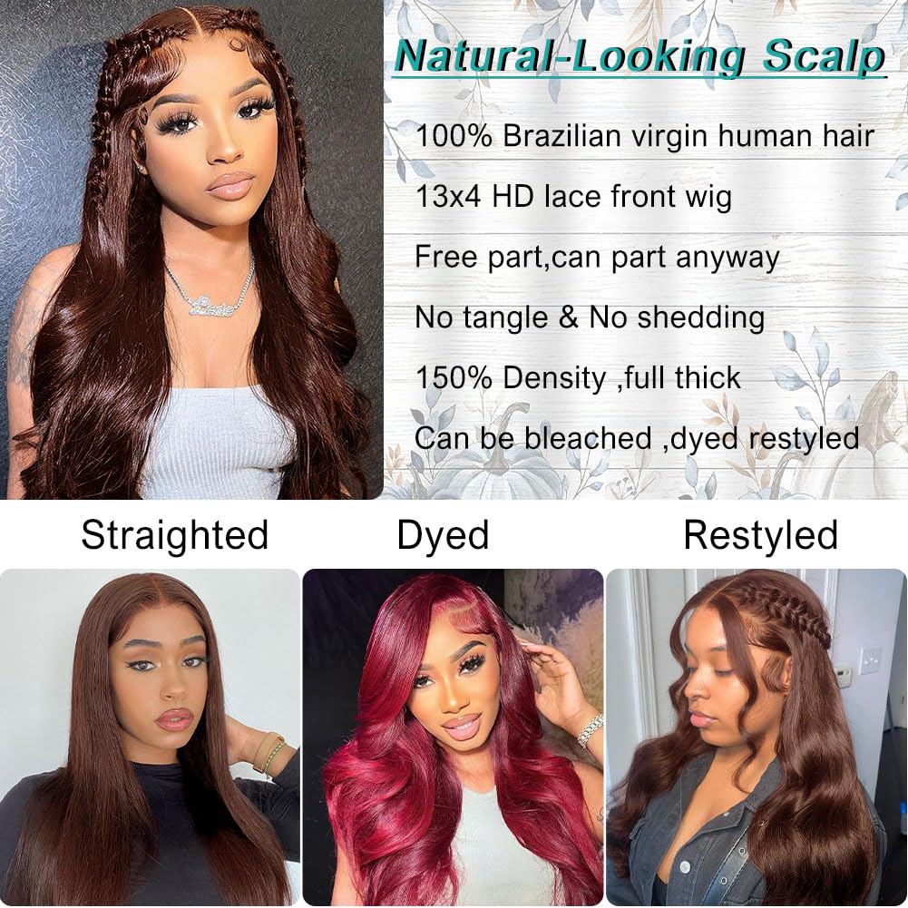 Azkiu 150% Density Brazilian Virgin Hair Brown Lace Front Wig, 26 Inch, Pre Plucked with Baby Hair, Glueless, Transparent Lace Front, Soft and Silky