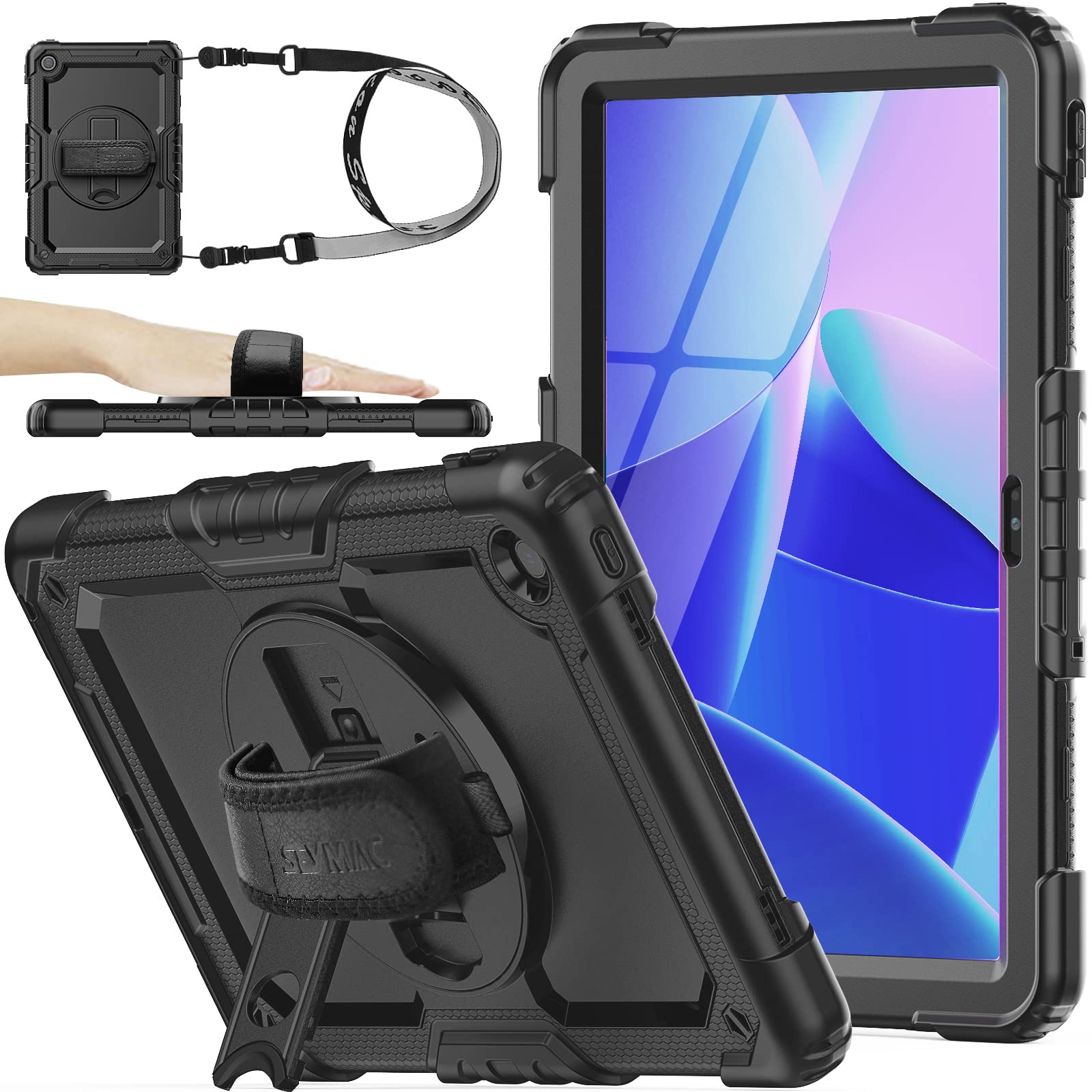 SEYMAC stock Drop-Proof Protection Case with 360° Rotate Stand &Strap [Pen Holder] & Screen Protector Tablet Cover for Lenovo Tab M10 Plus 3rd Gen (TB-125F/128F) 10.6", Black