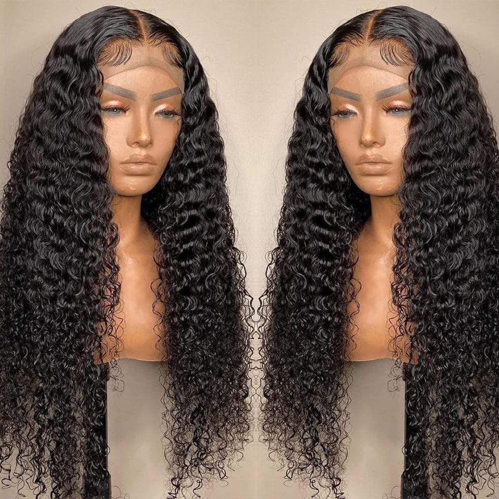 Momaksa Water Wave Lace Front Wig Human Hair 13x4 HD Transparent Water Wave Wig 180% Density Natural Black 22 Inch