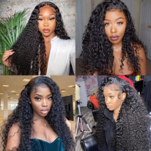 Momaksa Water Wave Lace Front Wig Human Hair 13x4 HD Transparent Water Wave Wig 180% Density Natural Black 22 Inch