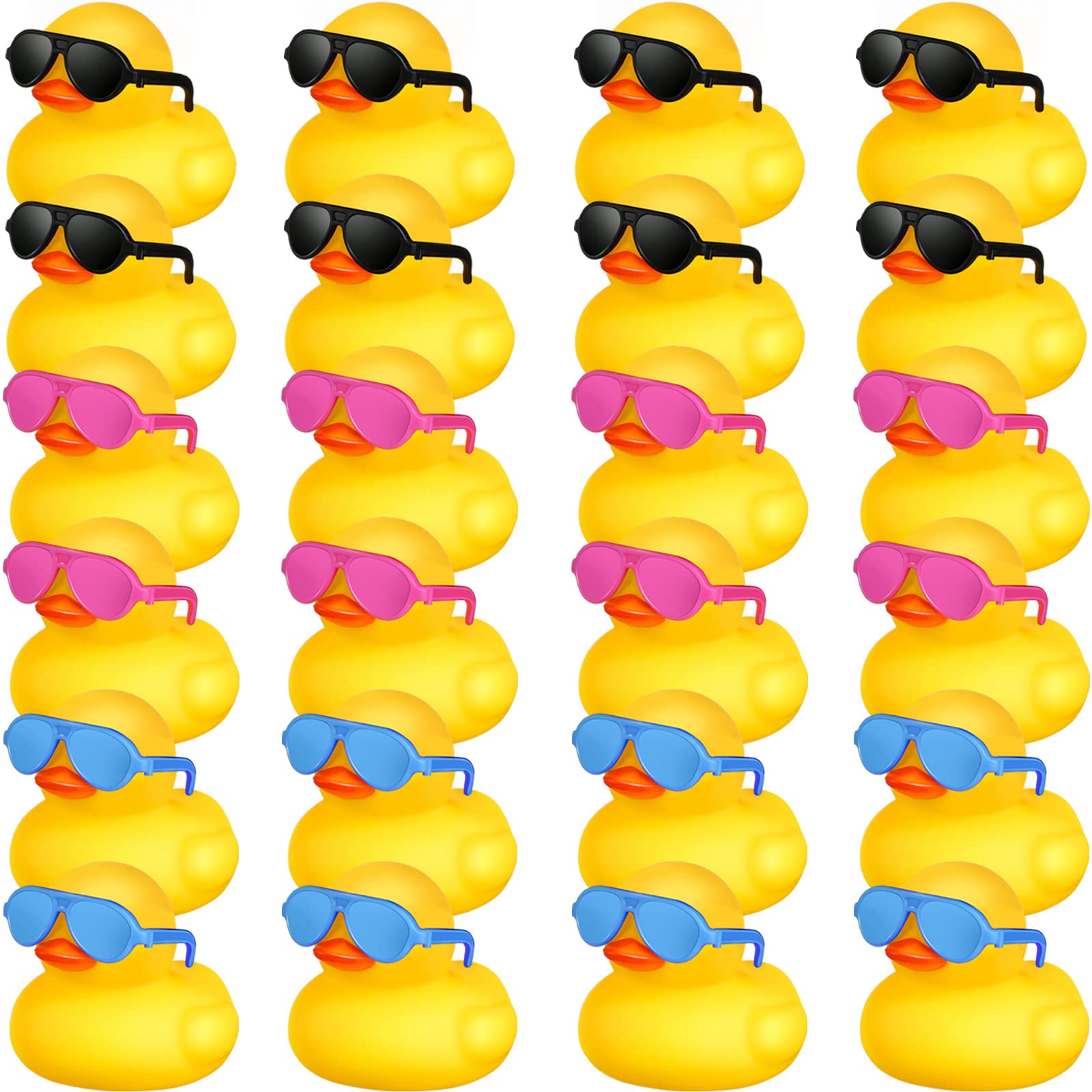 24 Pcs Mini Rubber Ducks with Sunglasses, Rubber Ducks in Bulk Valentine Duck Bathtub Toys for Cruise Valentines Kids Classroom Gift Exchange (Eyeglasses, Yellow, Blue, Pink, Black)