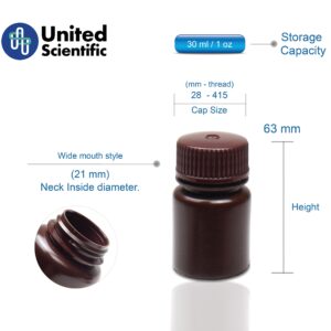 United Scientific Supplies 33461 | Laboratory Grade HDPE Wide Mouth Amber Reagent Bottle | Designed for Laboratories, Classrooms, or Storage at Home | 30mL (1oz) Capacity | Pack of 72