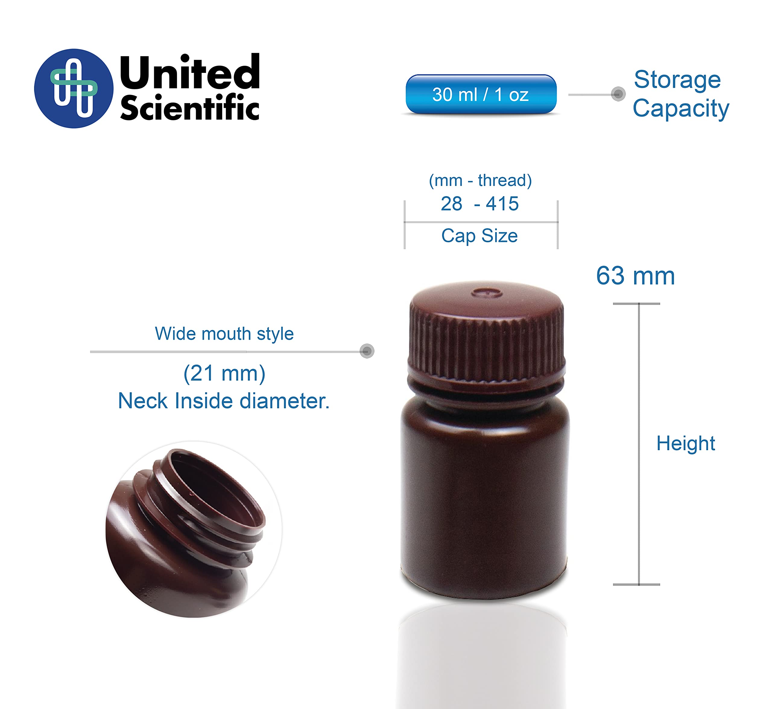 United Scientific Supplies 33461 | Laboratory Grade HDPE Wide Mouth Amber Reagent Bottle | Designed for Laboratories, Classrooms, or Storage at Home | 30mL (1oz) Capacity | Pack of 72