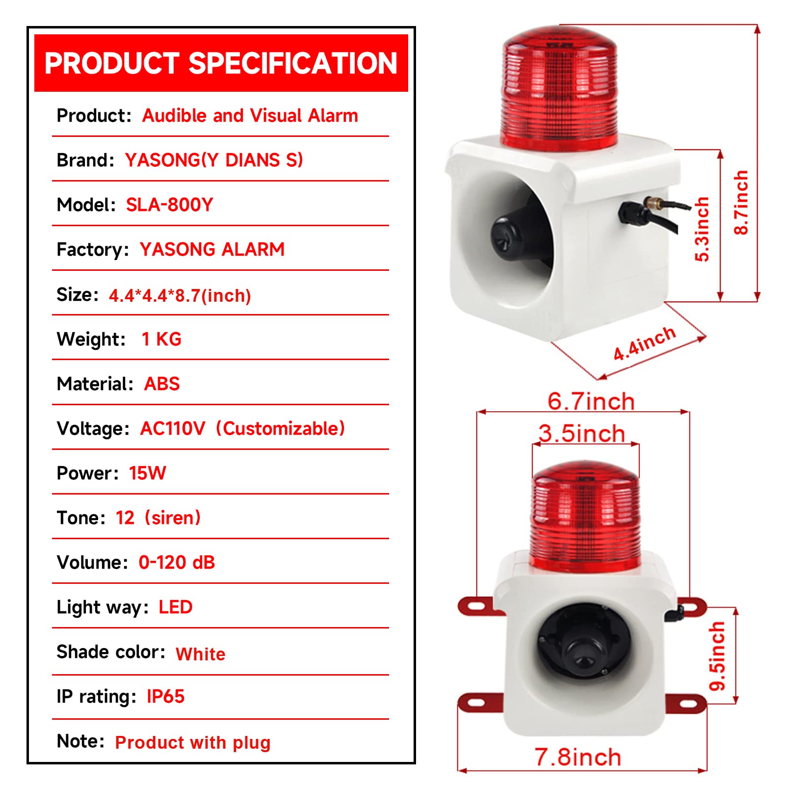 500 Meters（No Wall） Wireless Remote Control Outdoor Alarm Light Siren, LED Strobe Warning Light 120dB Horn Power 15W AC110V for Loss Prevetion, Warehouse, Factories( with Plug)