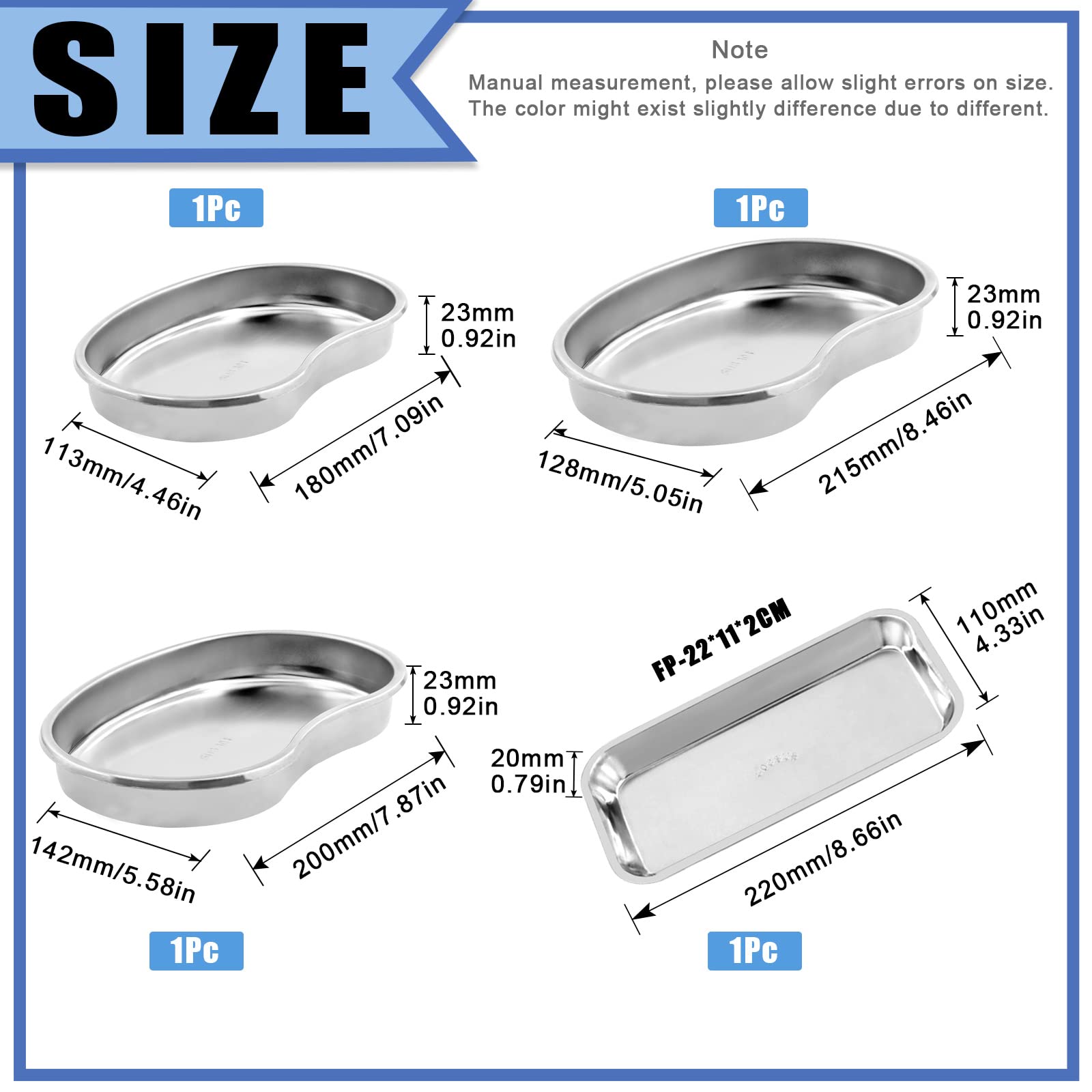 Glarks 4 Pack 8.5" 7.9" 7.1" 304 Stainless Steel Kidney Tray Reusable Metal Kidney Dish Emesis Basin and 8.6" Flat Rectangle Medical Surgical Tray Kit for Soiled Dressings, Medical Waste