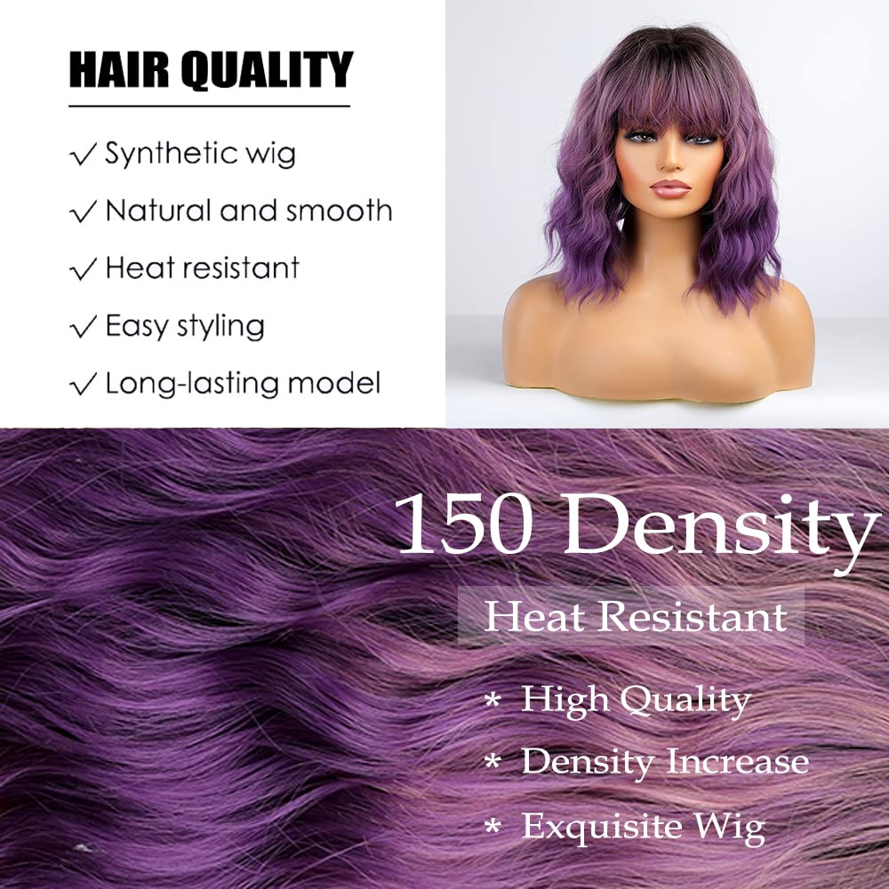 Haoland Purple Wig With Bangs for Women 14” Short Bob Wavy Wig Heat Resistant Colored Wigs Synthetic Wig for Daily Party Use Cosplay (Purple)