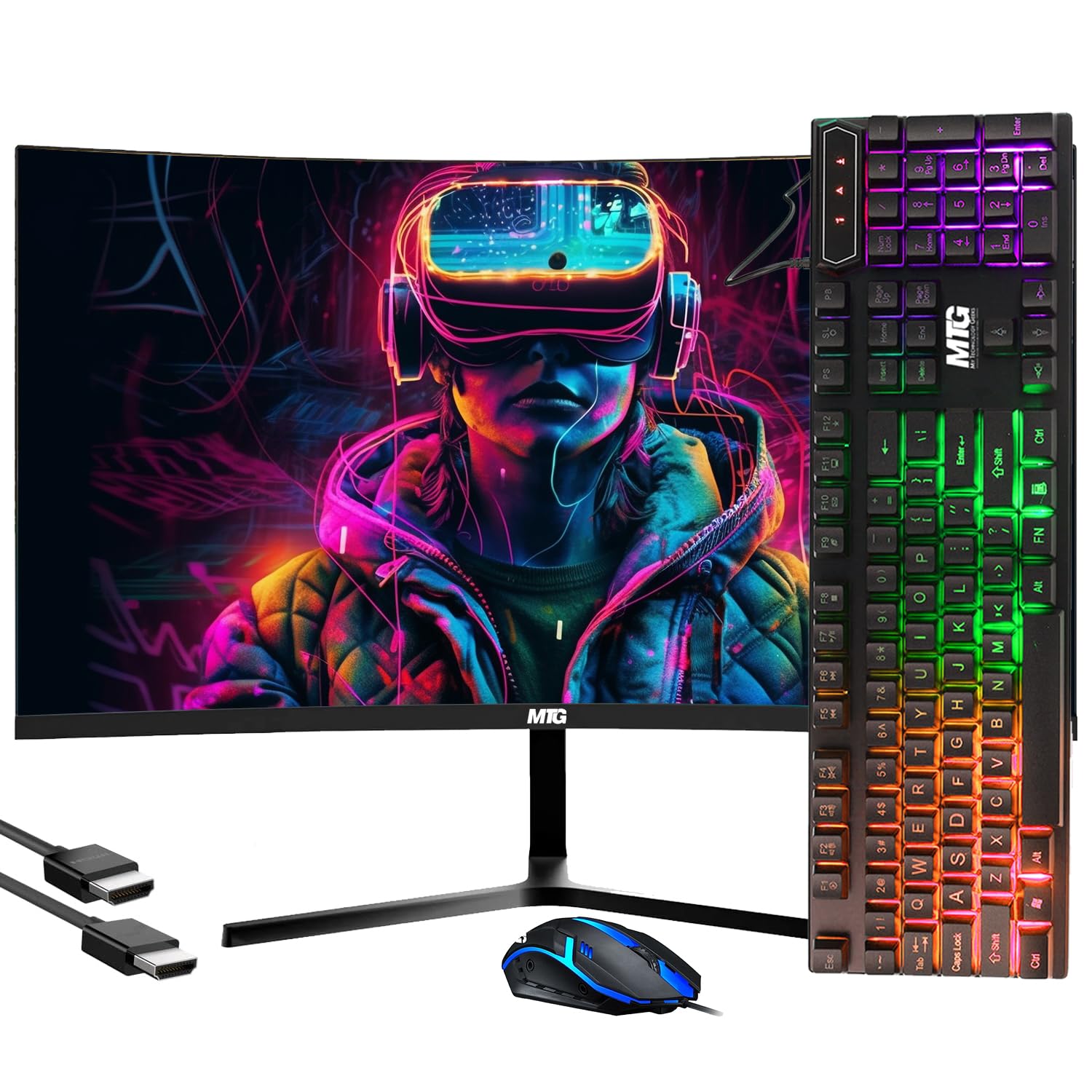 MTG 24-inch Curved Gaming Monitor - Full HD 1080P, Frameless Design, Low Motion Blur, VESA Mount, HDMI/DP/Audio/USB Ports, with RGB Keyboard and Mouse Combo for Home and Office