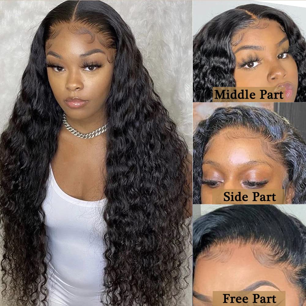 Momaksa Water Wave Lace Front Wig Human Hair 13x4 HD Transparent Water Wave Wig 180% Density Natural Black 22 Inch