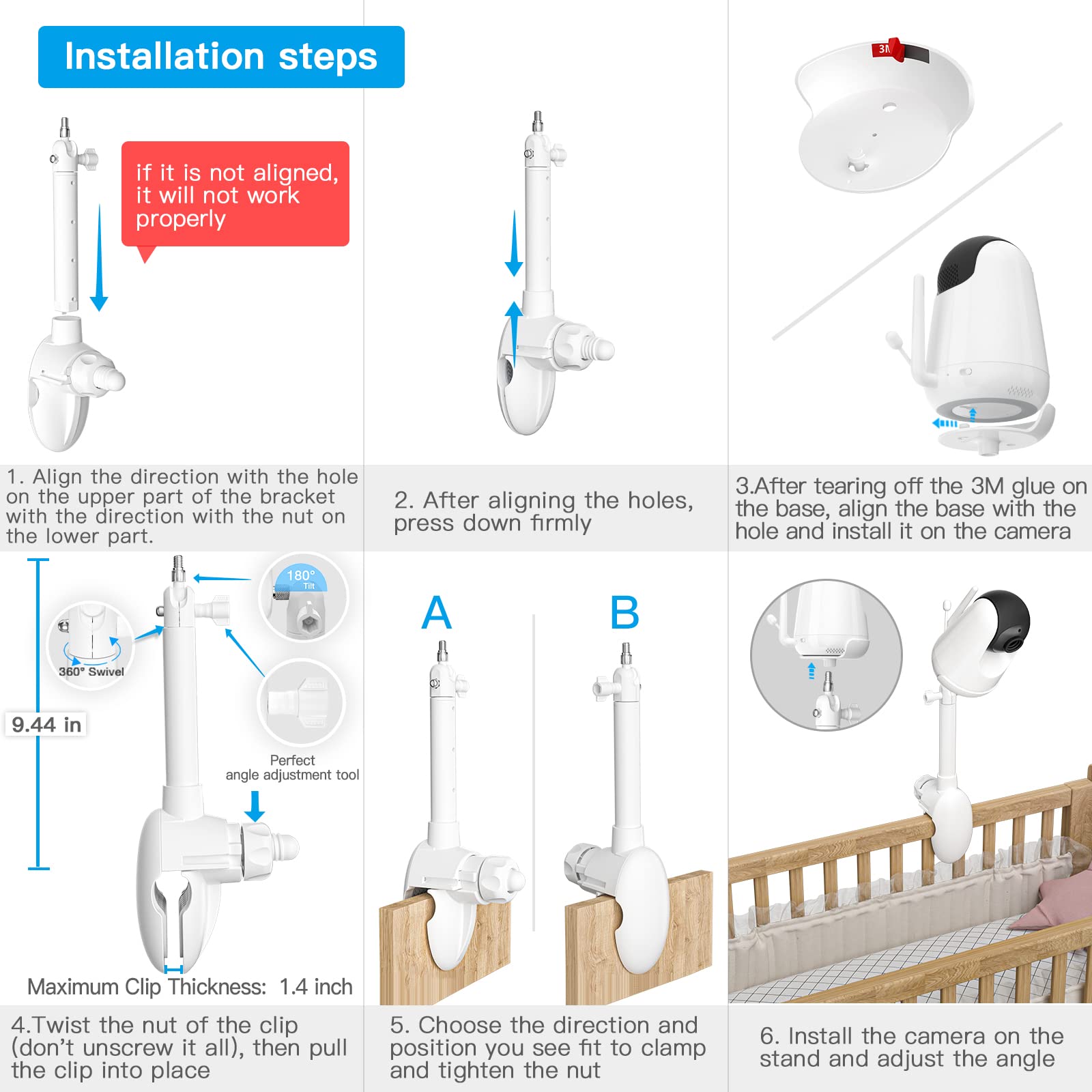 OkeMeeo Baby Monitor Mount for Vtech VM901, VAVA Baby Monitor 720P, Vtech VM919HD and Hipp Baby Monitor, Flexible Universal Baby Camera Mount for Crib Nursery