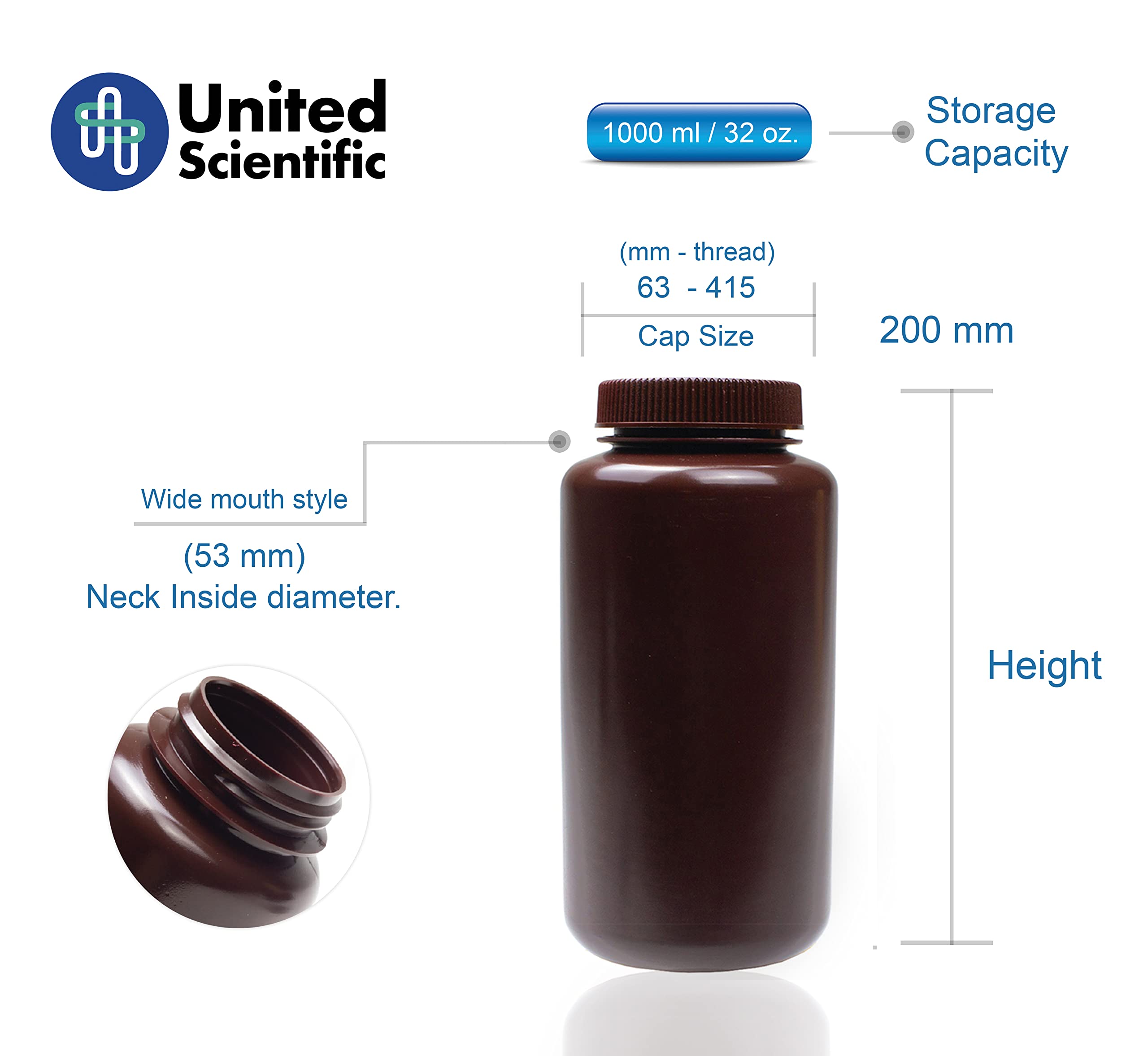 United Scientific Supplies 33466 | Laboratory Grade HDPE Wide Mouth Amber Reagent Bottle | Designed for Laboratories, Classrooms, or Storage at Home | 1,000mL (1L) Capacity | Pack of 6