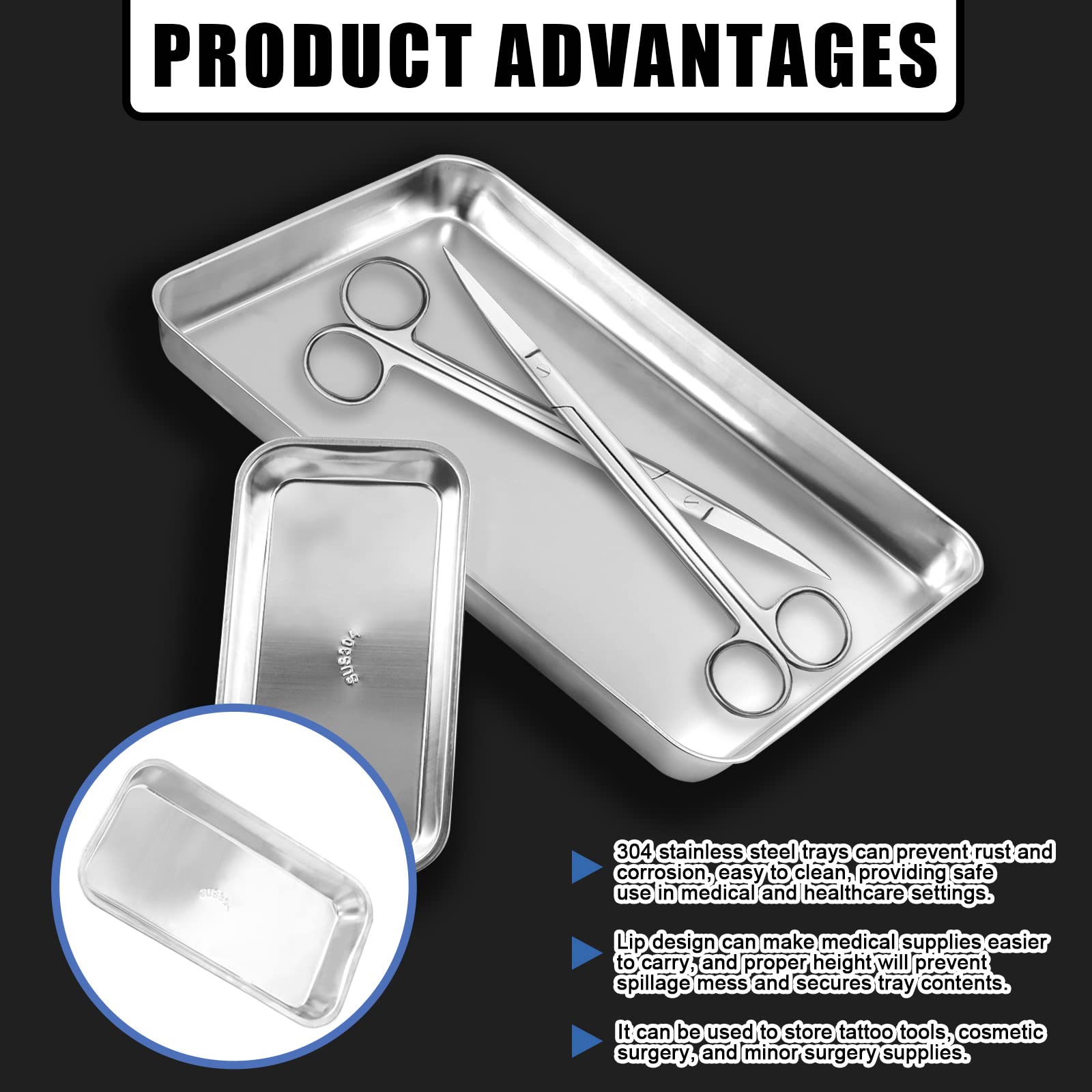 Glarks 2 Pack 304 Stainless Steel Professional Medical & Surgical Tray, 8.6" x 4.3" x 0.8" and 15.7" x 11.8" x 1.3" Flat Rectangle Tray Dental Procedure Tray for Lab Tattoo Instruments Organizer