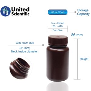 United Scientific Supplies 33462 | Laboratory Grade HDPE Wide Mouth Amber Reagent Bottle | Designed for Laboratories, Classrooms, or Storage at Home | 60mL (2oz) Capacity | Pack of 72