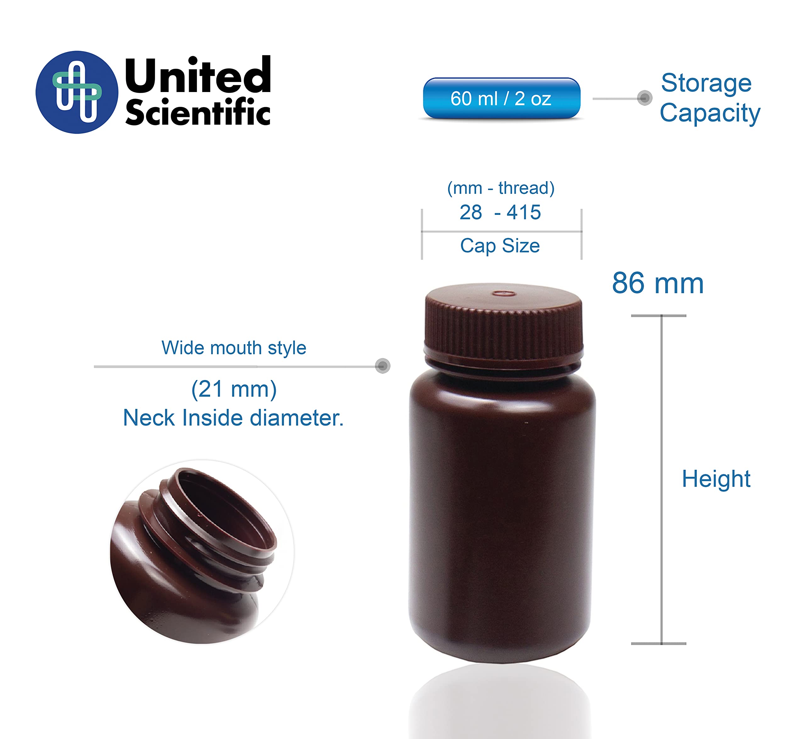 United Scientific Supplies 33462 | Laboratory Grade HDPE Wide Mouth Amber Reagent Bottle | Designed for Laboratories, Classrooms, or Storage at Home | 60mL (2oz) Capacity | Pack of 72