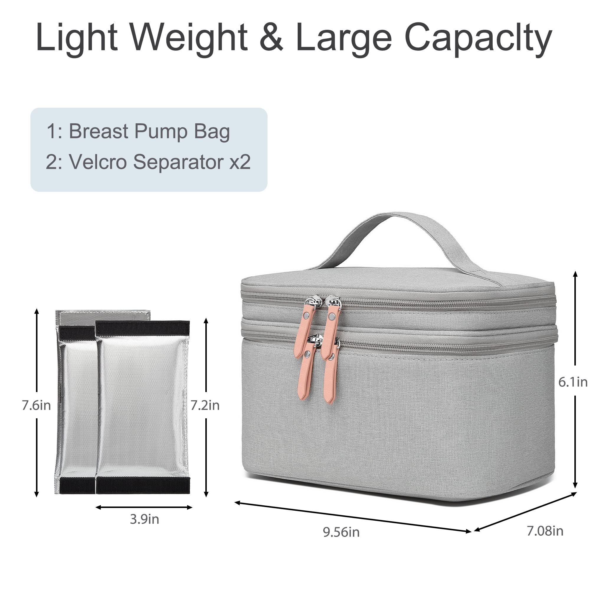 QIUXQIU Breast Pump Bag for Hands-Free Wearable Breast Pumps、Bottles,Pump Parts, and Storage Bag，Tote Bag，Multi-Function Breastmilk Cooler Bag Insulated Bag,with Cooler Including 1pcs Ice Pack(Gray)