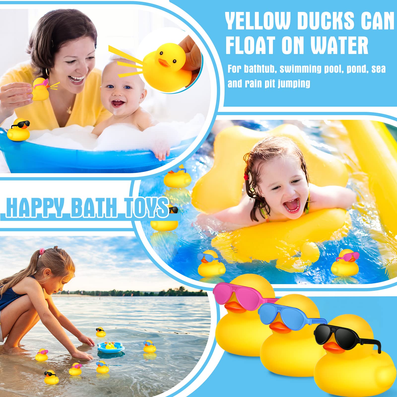 24 Pcs Mini Rubber Ducks with Sunglasses, Rubber Ducks in Bulk Valentine Duck Bathtub Toys for Cruise Valentines Kids Classroom Gift Exchange (Eyeglasses, Yellow, Blue, Pink, Black)