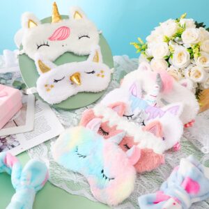 12 Packs Sleepover Party Favors for Teenager Girl, Unicorn Animal Plush Sleep Eye Mask Soft Plush Nap Eyeshade Plush Bow Headbands, Elastic Hair Band for Single Women Spa Pajama Party (Fresh Style)