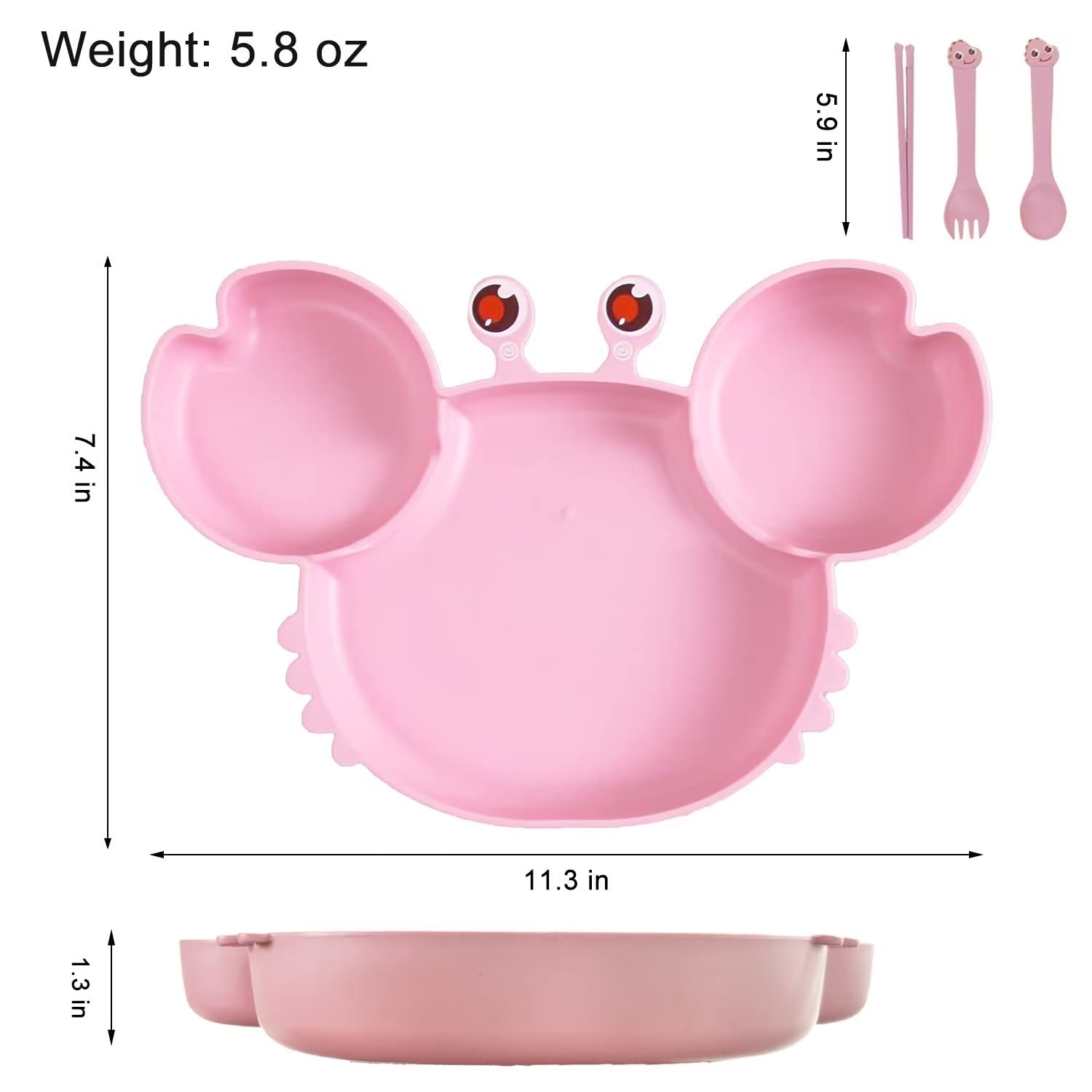 THERDO Toddler Plate and Utensil Set, Divided Baby Plate, Self Feeding Training for Baby, Bamboo Kids Food Plate BPA Free, Microwave Dishwasher Safe, Cute Crab Shaped Cartoon Feeding Plate(Pink)